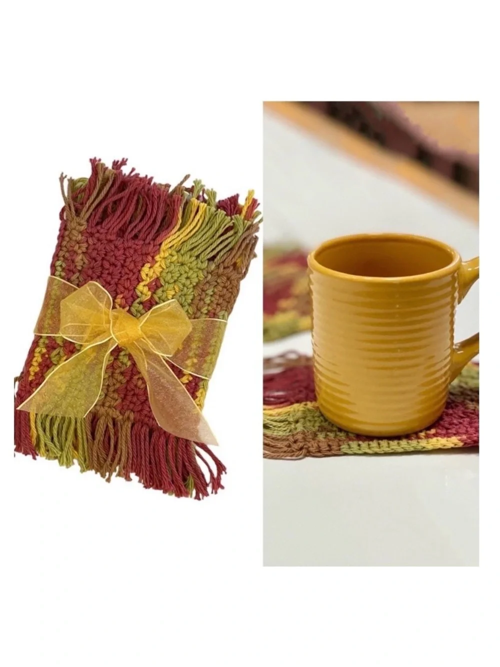 Crochet Boho Home Mug Rug Coaster Set of Four | NWOT Earthy 70s Cotton